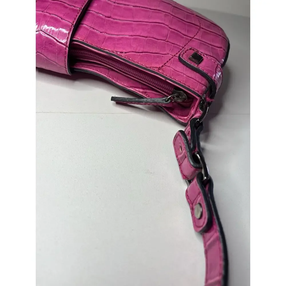 🎀Vintage GUESS Y2K Hot Pink Purse Crocodile Shoulder Mini Bag Buckle Baguette